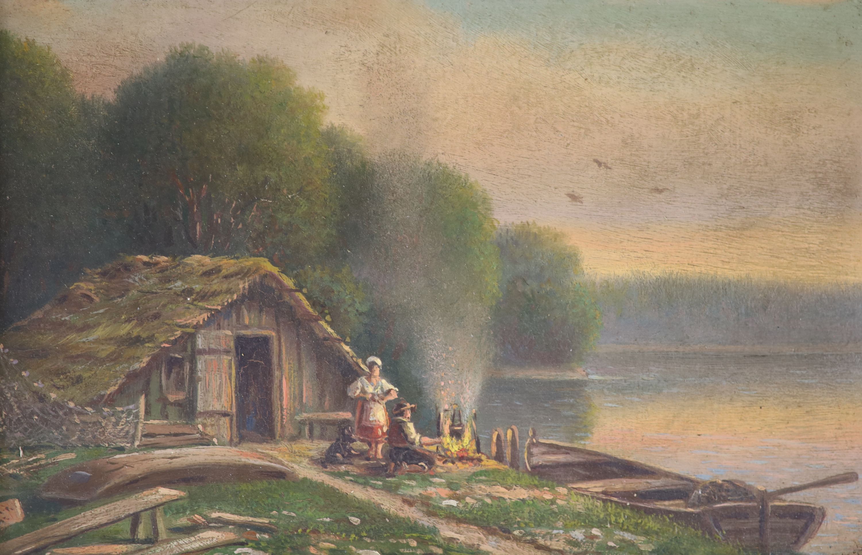 M. Braun (German School), pair of oils on board, Lodge beside a lake and Hilltop Castle, 10 x 15cm, one signed